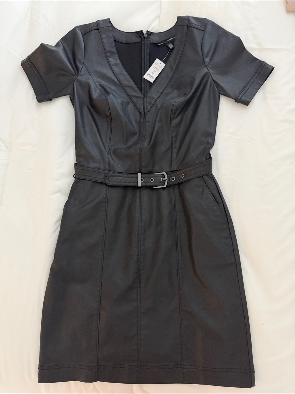 White House Black Market Black Faux Leather Midi Dress with Belt
